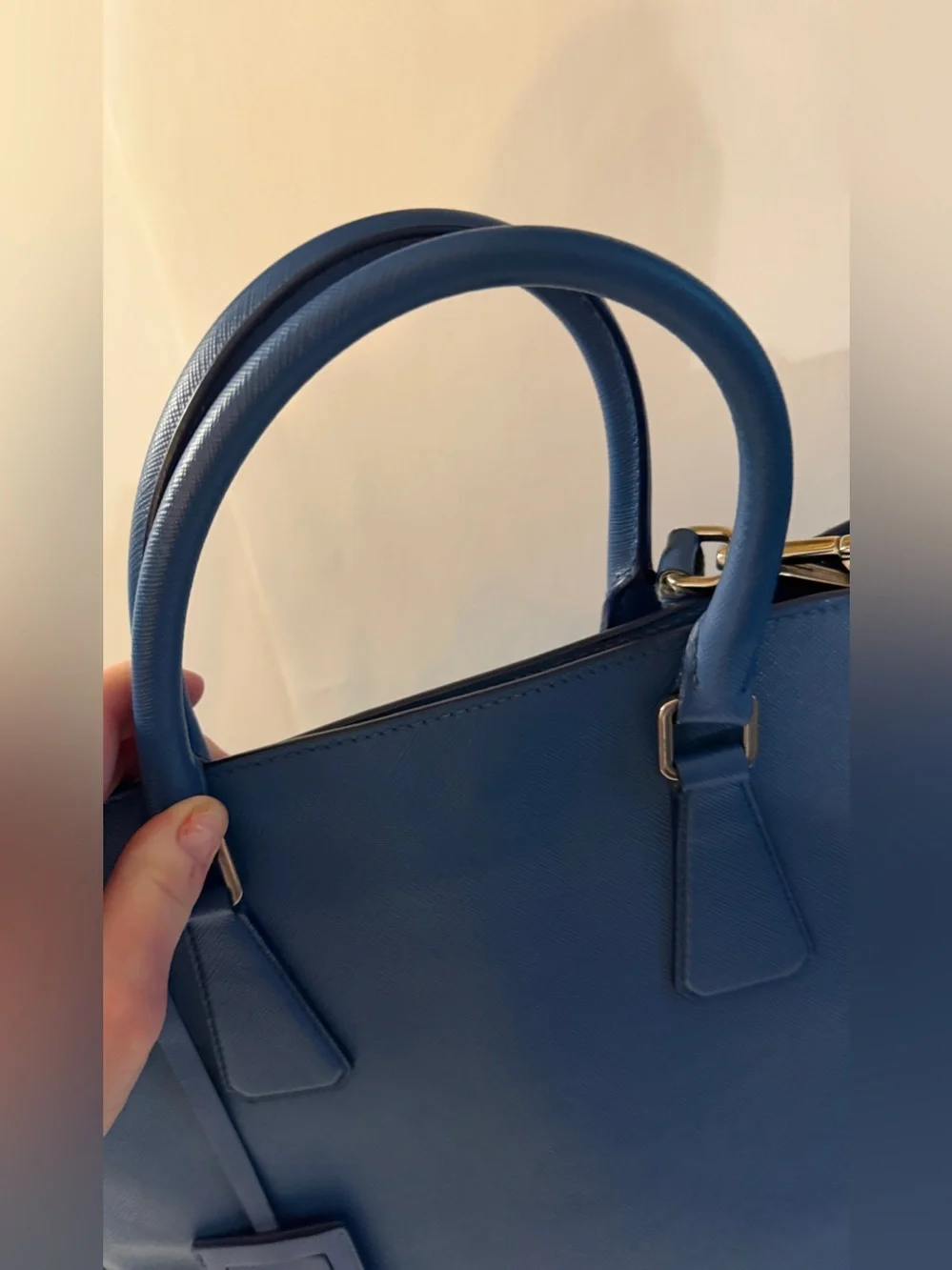 Prada Blue Leather Saffiano Structured Shoulder Tote